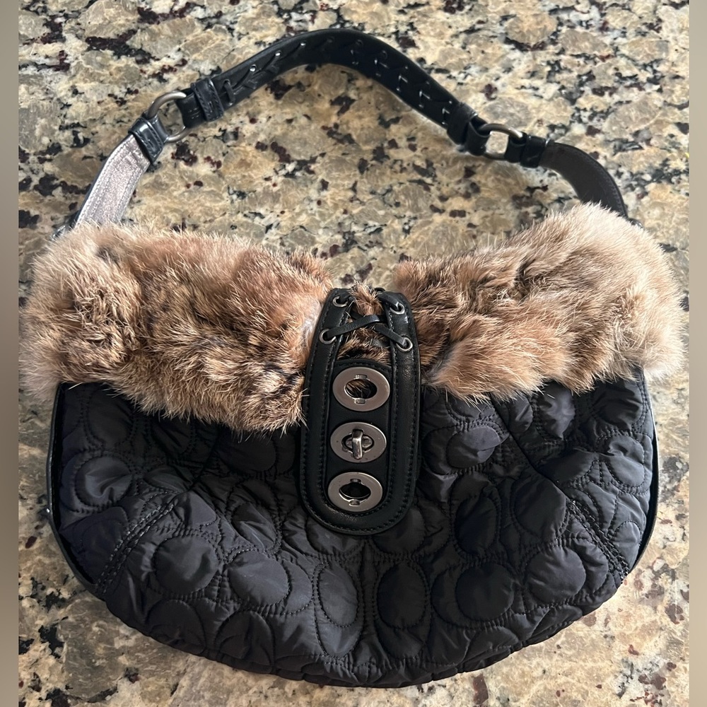 Authentic Black Coach Soho Quilted Rabbit Fur Purse